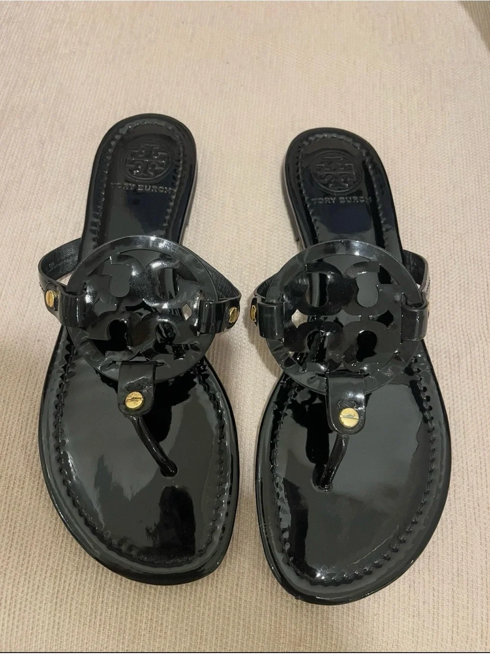 Tory Burch Black Patent Logo Thong Sandals